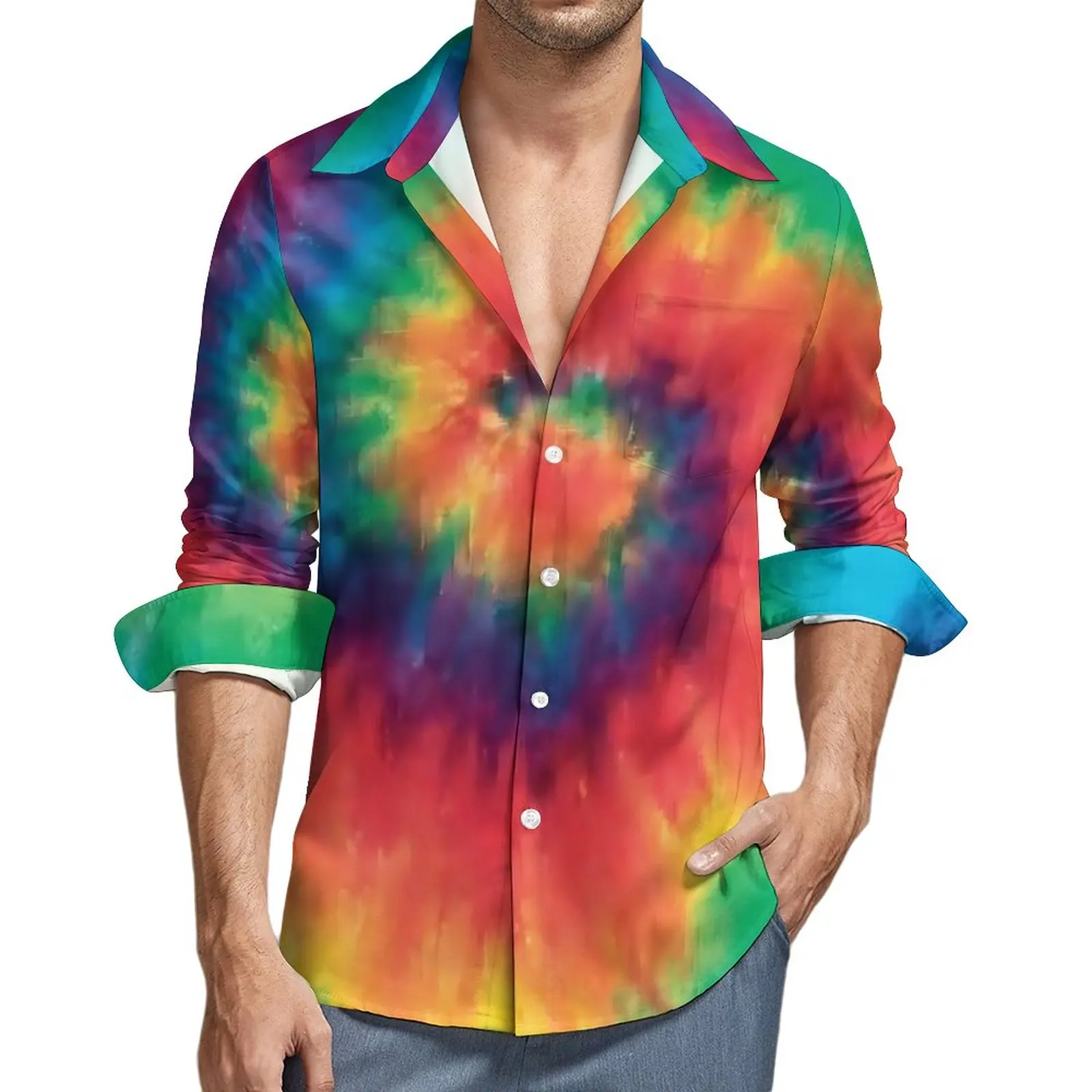 

Hippie Tie Dye Street Casual Shirt Man Spiral Rainbow Shirt Autumn Novelty Blouses Long Sleeve Design Oversized Tops