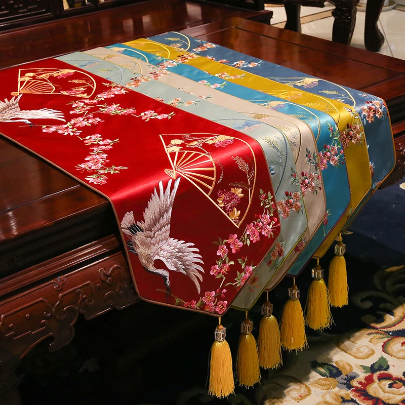 

Chinese Embroidery Zen Tablerunner Home Decor Cabinet Coffeetable Satin Tablecloth Bed Flag Classical Fairy Crane Table Runner