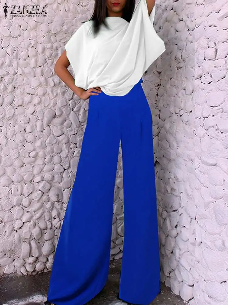 

Fashion Strapless Jumpsuits with Shawl ZANZEA Women Elegant High Waist Wide Leg Overalls Summer Color Blocking Long Rompers