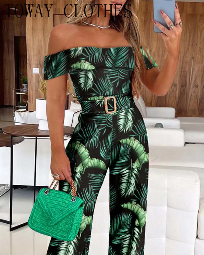 

Women Off Shoulder Ruffle Hem Tropical Print Belt Design Jumpsuit Party Overalls Loose OL Work Playsuits