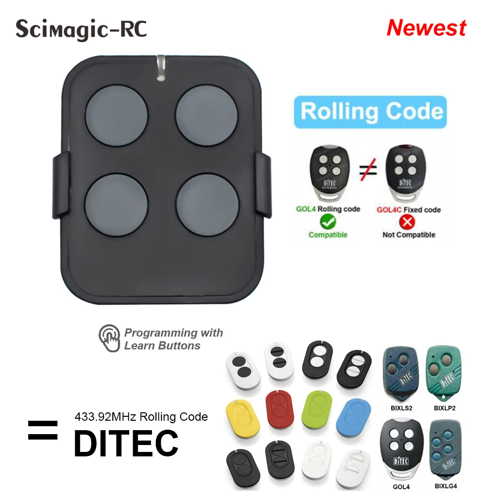 

Newest DITEC Garage Remote Control for Entrematic ZEN 2/ZEN 4/ZEN2W/ZEN4W Gate Door Opener 433.92MHz Rolling Code Keychain