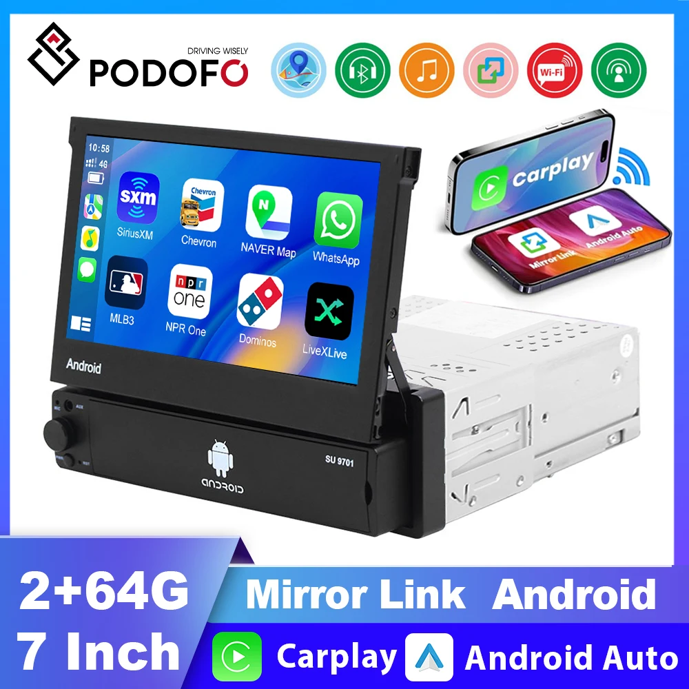 Автомагнитола Podofo мультимедийный плеер на Android 2 Гб ОЗУ 64 ПЗУ с GPS Wi-Fi MP5 Bluetooth