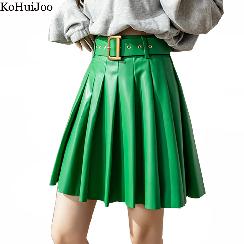 Милая женская плиссированная юбка KoHuiJoo из искусственной кожи, Новые Зеленые кожаные юбки с высокой талией, тонкая трапециевидная винтажная короткая юбка с поясом для осени
Милая женская плиссированная юбка KoHuiJoo из искусственной кожи, Новые Зеленые кожаные юбки с высокой талией, тонкая трапециевидная винтажная короткая юбка с поясом для осени