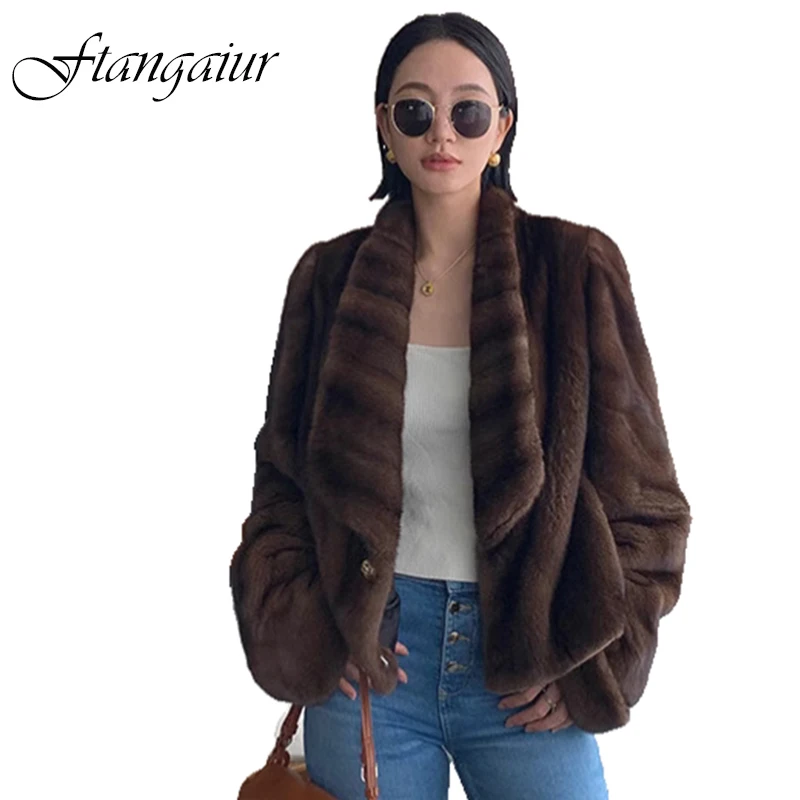 

Зимнее пальто Ftangaiur для женщин, импортное бархатное пальто из меха норки, женские короткие шубы из натурального меха норки с длинным рукавом и отложным воротником