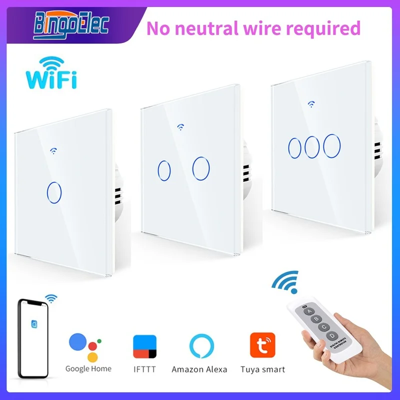 Bingoelec Wifi Wall Touch Switch 1/2/3 Gang No Neutral Wire Required Remote Control Switch Tuya Smart Support Alexa Google Home
Bingoelec Wifi Wall Touch Switch 1/2/3 Gang No Neutral Wire Required Remote Control Switch Tuya Smart Support Alexa Google Home