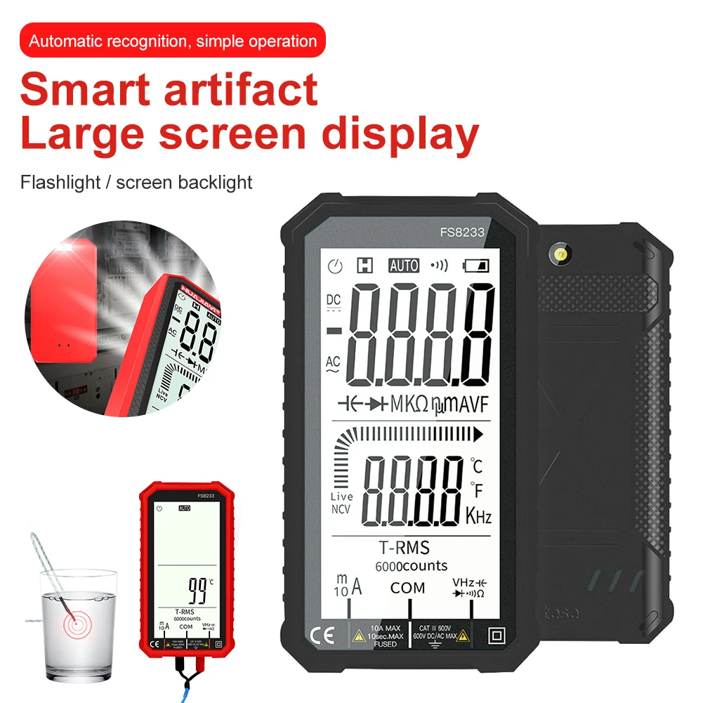 Digital Multimeter Counts LCD Color Display Auto Ranging T-RMS 6000 DC AC Voltage Detection Diode Capacitance Live Wire Tester
Digital Multimeter Counts LCD Color Display Auto Ranging T-RMS 6000 DC AC Voltage Detection Diode Capacitance Live Wire Tester