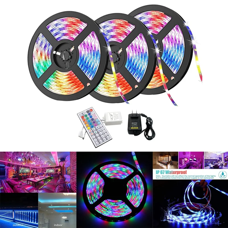 

LED Strip Lights 15M Waterproof 3528 RGB Color Light Strips With 44 Key Remote Controller For Bedroom Christmas