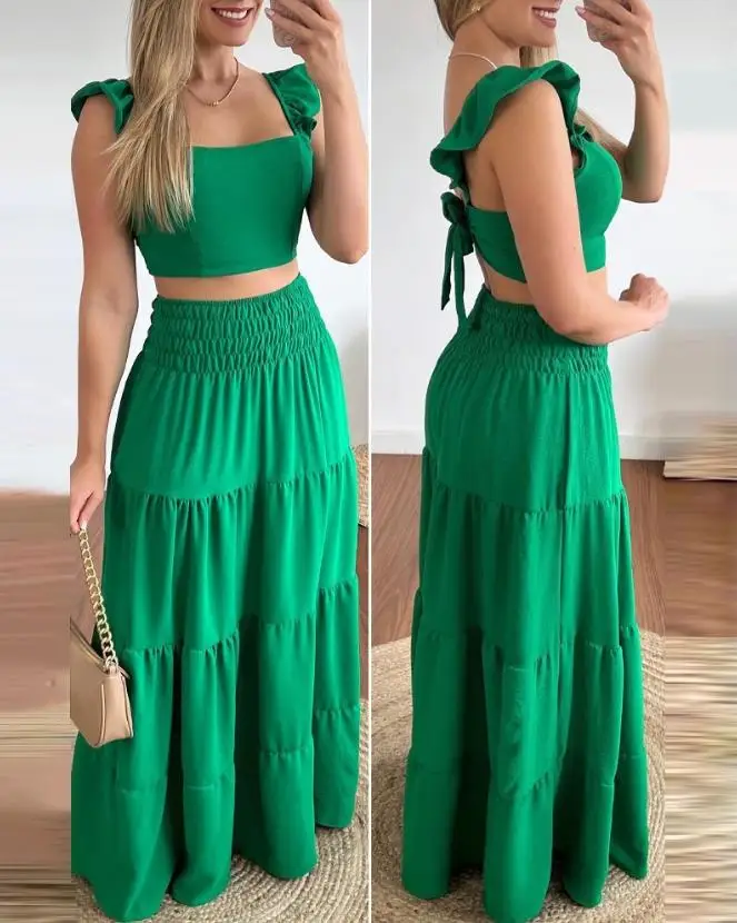 

Casual Ruffle Hem Crop Top & Shirred Maxi Skirt Set for Summer Ladies Shirred Tied Detail Daily Vacation Skirt Two Piece Outfits