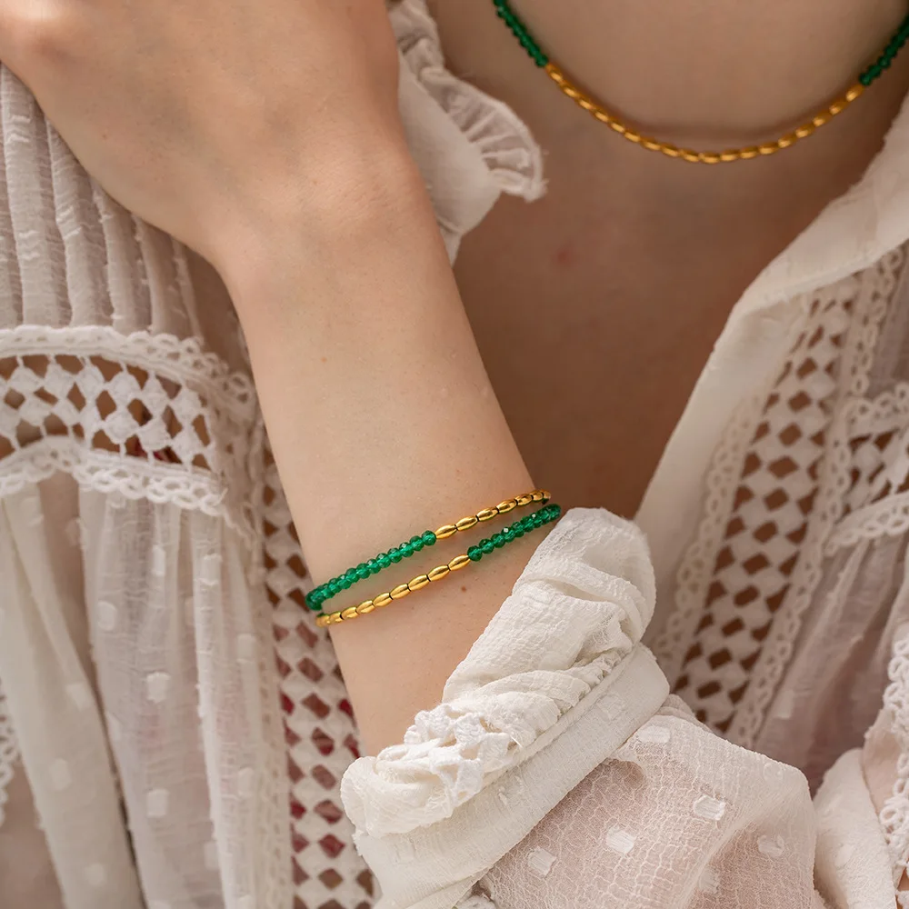 Green Crystal Gold Bead Double Chain Necklace Bracelet for Women Stainless Steel Plated 18K Gold Watertight Jewelry
Green Crystal Gold Bead Double Chain Necklace Bracelet for Women Stainless Steel Plated 18K Gold Watertight Jewelry