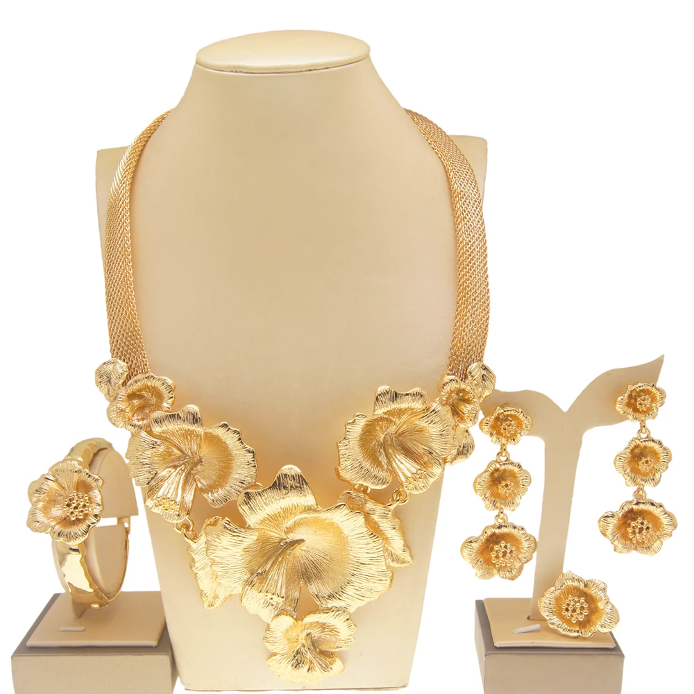 

New Arrival Fashion Italian Gold Colour Jewelry Set Bold Necklace Flower Bud Ring Woman Earrings Wedding Banquet Gift H00147