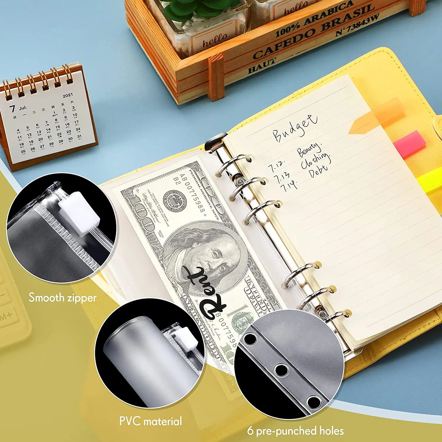 

A6 Binder Pockets Zipper Folders with Cash Envelope Labels Stickers Budget Envelopes Labels for Budget Finance Planners