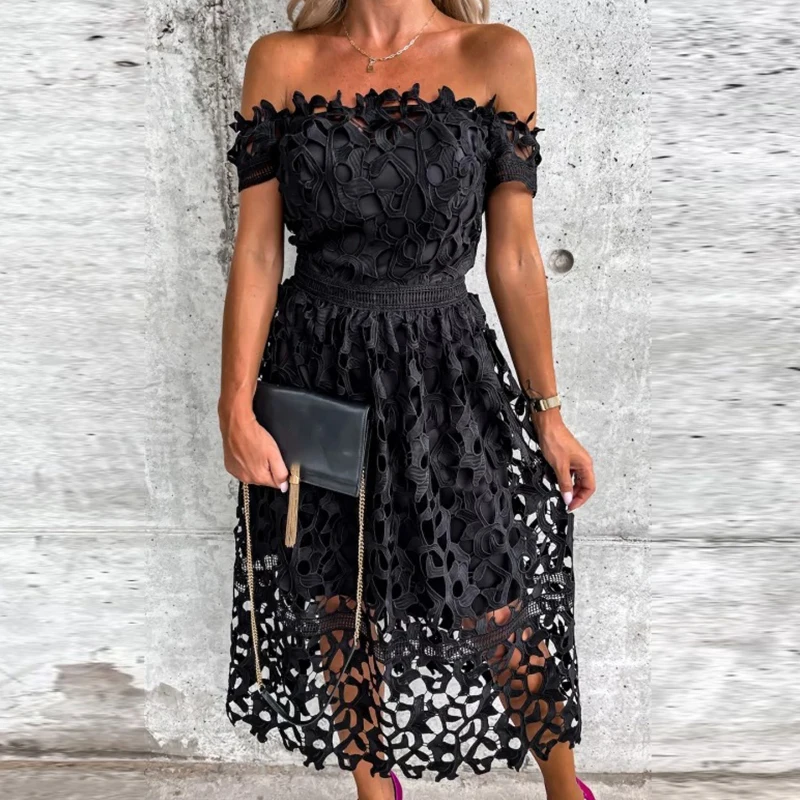 Women Jacquard Crochet Embroidery Lace Dress Spring Strapless Backless Party Dress Summer Off Shoulder Hollow Office Long Dress 
Women Jacquard Crochet Embroidery Lace Dress Spring Strapless Backless Party Dress Summer Off Shoulder Hollow Office Long Dress