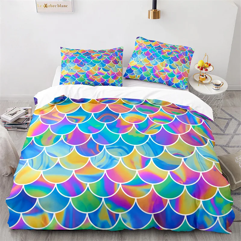 

Colorful Fish Scales Bedding Set Twin King For Kids Girl Blue Pink Mermaid Skin Surface Print Duvet Cover Polyester Quilt Cover