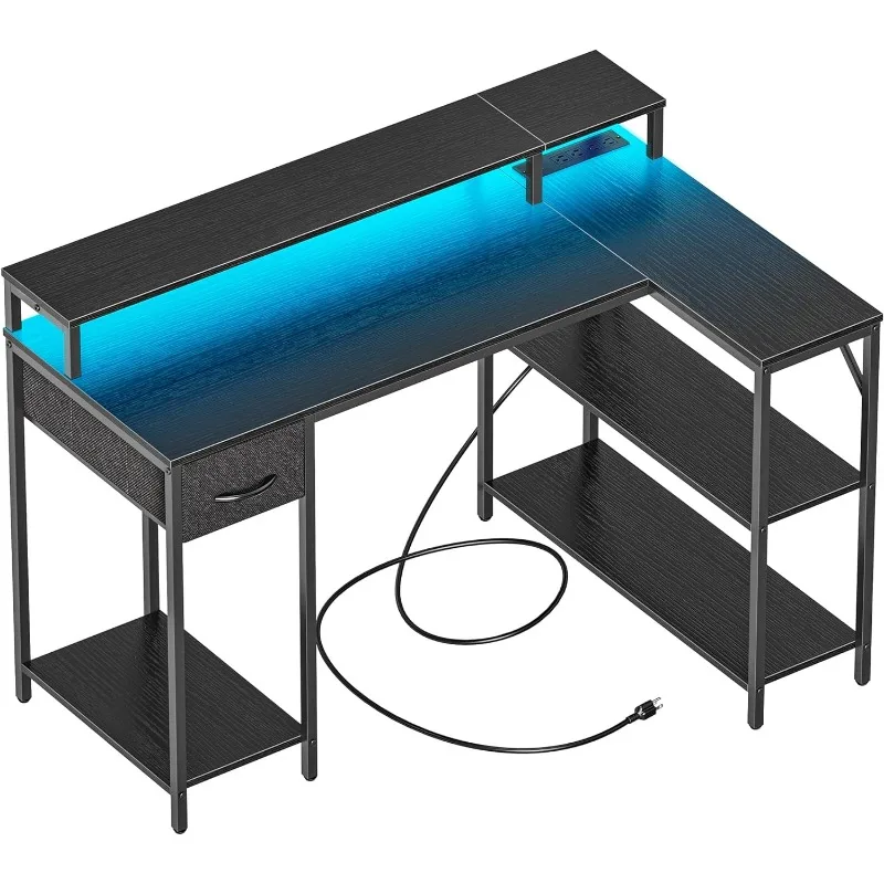 

Игровой стол SUPERJARE L-образной формы с фонариками и розетками питания, двусторонний компьютерный стол с полками и выдвижными ящиками, угловой стол для дома