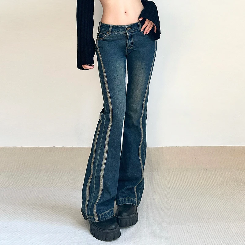 

Fashion Vintage Flared Jeans Striped Stitching Skinny Low Rise Denim Pants Women Casual 90s Streetwear Korean Y2k Grunge Trouser