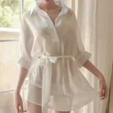 Silk Pajamas WomenS Cotton Summer Sexy Shirts Sweet Mid-Length Nightdresses Loose And Sweet Korean Style Kawaii Home Clothes