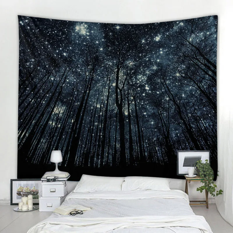 

Starry Sky Forest Tapestry Moonlight Night Psychedelic Bohemian Decoration Wall Hanging Home Room Art Background Decoration