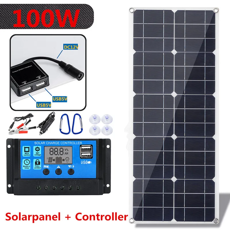 100W 18V MonocrystalineSolar Panel Dual 12V/5V DC USB Outdoor Car RV Rechargeable Kit with 10A Solar Controller & Cables
100W 18V MonocrystalineSolar Panel Dual 12V/5V DC USB Outdoor Car RV Rechargeable Kit with 10A Solar Controller & Cables
