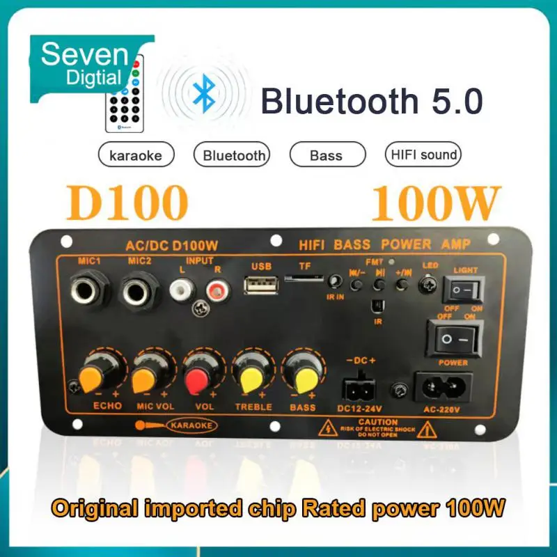 

Amplifiers D100 For 8-12 Inch Speaker Audio Dual Mic Amplifier 100w 220v 12v 24v Digital 5.0 Amplifier Board Subwoofer