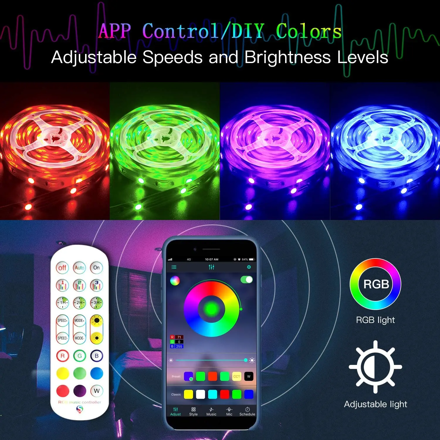 LED Strip Lights Smart 5050 RGB Light Strips Color Changing Tape Lights Music Sync Rope Lights 40 Keys Remote Control Home Decor
LED Strip Lights Smart 5050 RGB Light Strips Color Changing Tape Lights Music Sync Rope Lights 40 Keys Remote Control Home Decor