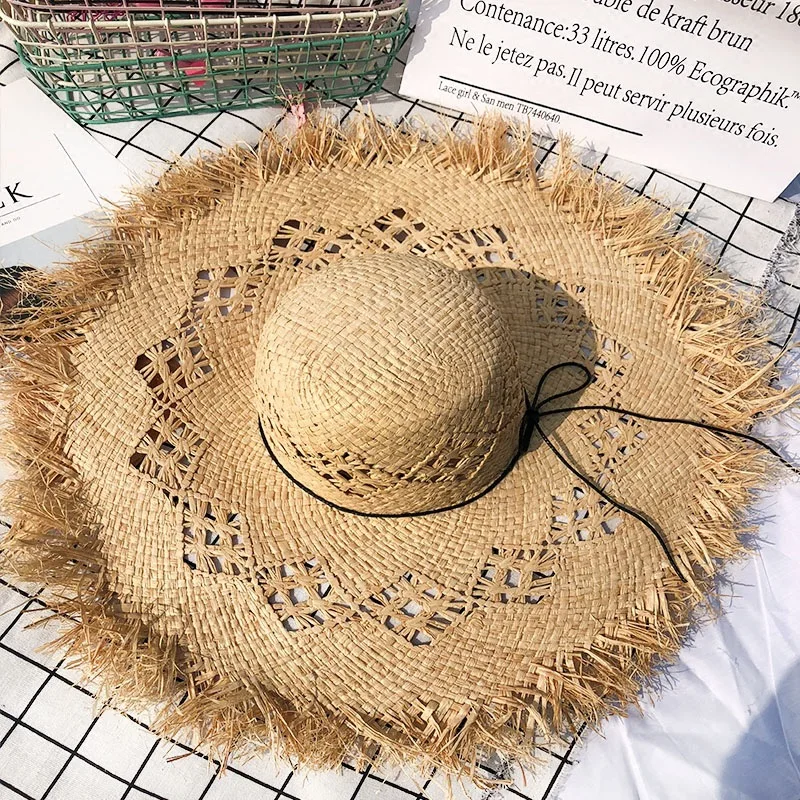 

Women Summer Natural Raffia Hat Girl Fashion Ribbon Floppy Shading Panama Wide Brim Sun Hats Vacation Travel Beach Straw Hat