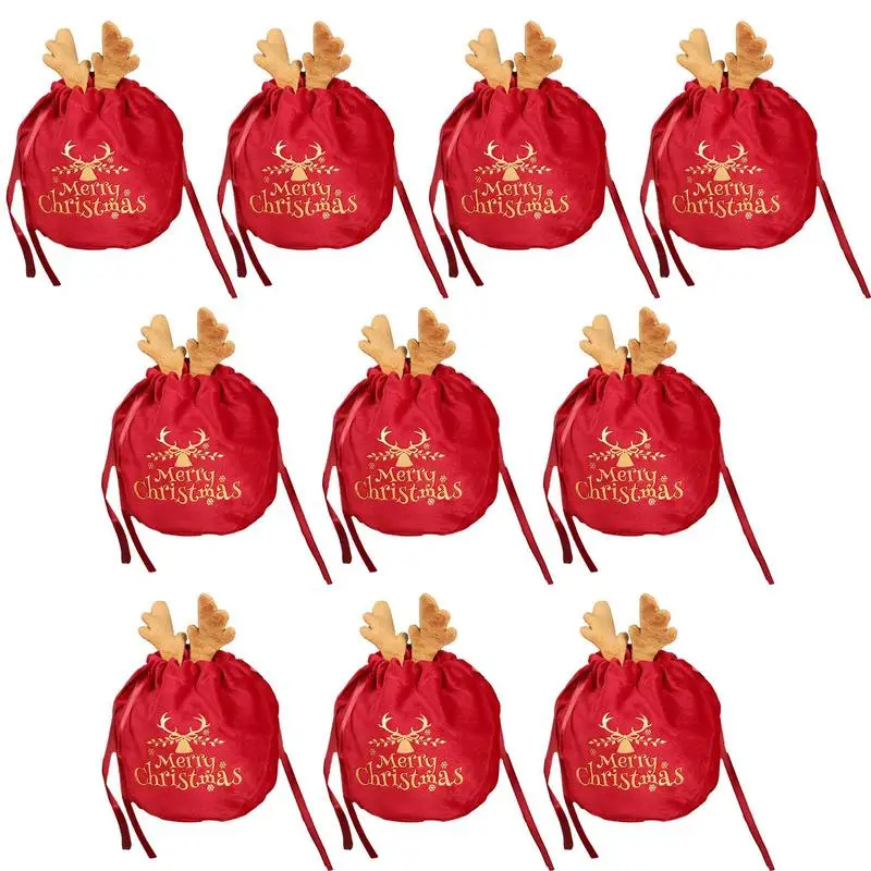 

Рождественские бархатные подарочные сумочки рождественские подарочные пакеты на шнурке с милыми оленьими рогами, многоразовый оленевой мешок, подарочная упаковочная сумка для Кантри