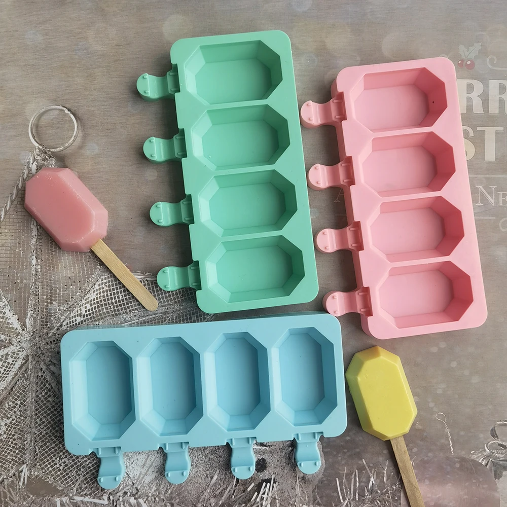 

Silicone Ice Cream Mold Ice Maker 4 Holes Popsicle Cube Chocolate Tray Molds Gem Mould Valentine's Day Gift Diamond Baking Tools