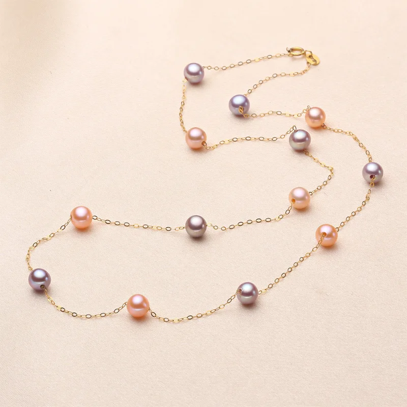 

18K Gold Pearl Necklace True Round Mixed Color Freshwater Pearl Gypsophila Clavicle Chain Simple Fashion Light Luxury Jewelry SP