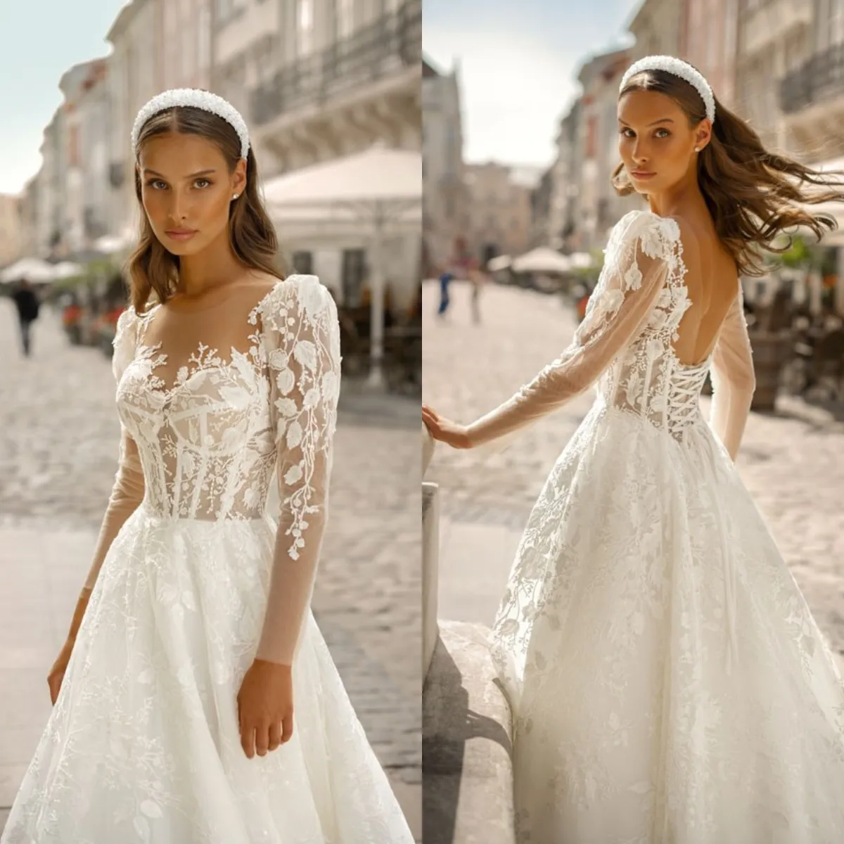 

Elegant A Line Wedding Dress Sheer Jewel Neck Illusion Bridal Gown Long Tulle With Lace Applique For Bride Vestido De Novia