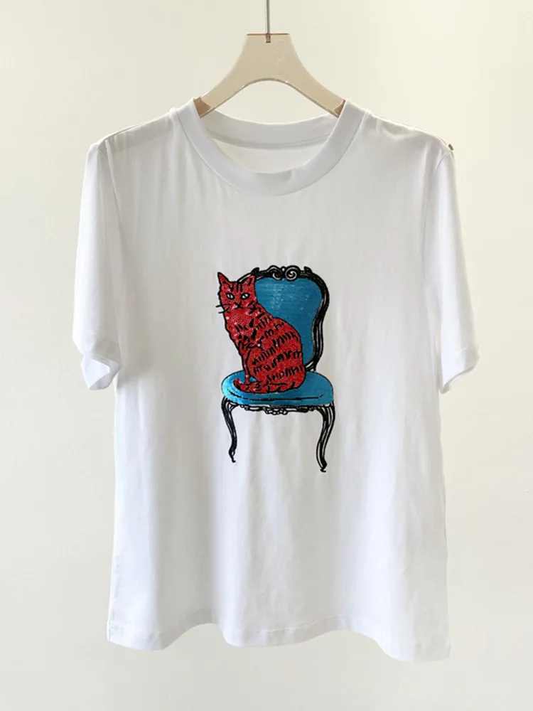 Sequin Cat Cherry Embroidered Womens T-Shirt 100% Cotton 2022 Spring Summer Tee Ladies Short-Sleeve Loose All-Match Tshirt
Sequin Cat Cherry Embroidered Womens T-Shirt 100% Cotton 2022 Spring Summer Tee Ladies Short-Sleeve Loose All-Match Tshirt