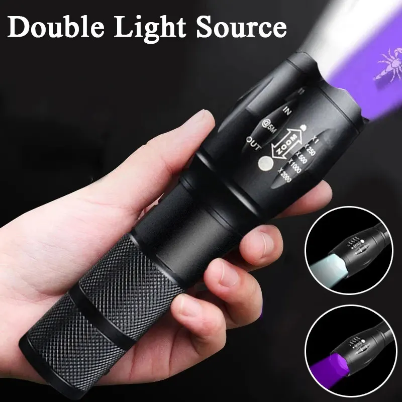 Purple White Dual Light Flashlight LED Ultraviolet Torch Zoom Retractable Flashlight Lamp Fluorescent Agent Detection Flashlight
Purple White Dual Light Flashlight LED Ultraviolet Torch Zoom Retractable Flashlight Lamp Fluorescent Agent Detection Flashlight