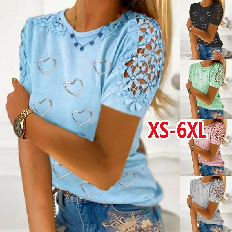 Women's Fashion Loose Casual T-Shirts Short Sleeve Heart Print Round Neck Spring and Autumn Lace Hollow Out Tops
Women's Fashion Loose Casual T-Shirts Short Sleeve Heart Print Round Neck Spring and Autumn Lace Hollow Out Tops