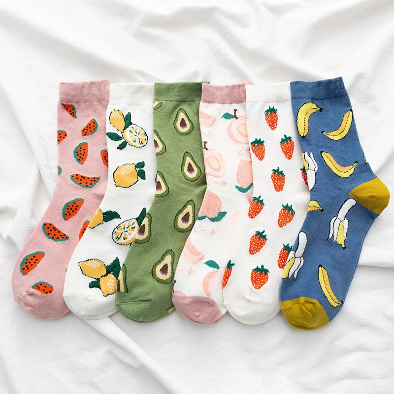 

Women Cotton Socks Fruit Print Mid Tube Socks Cartoon Peach Banana Watermelon Socks Autumn Winter Harajuku Casual Sock