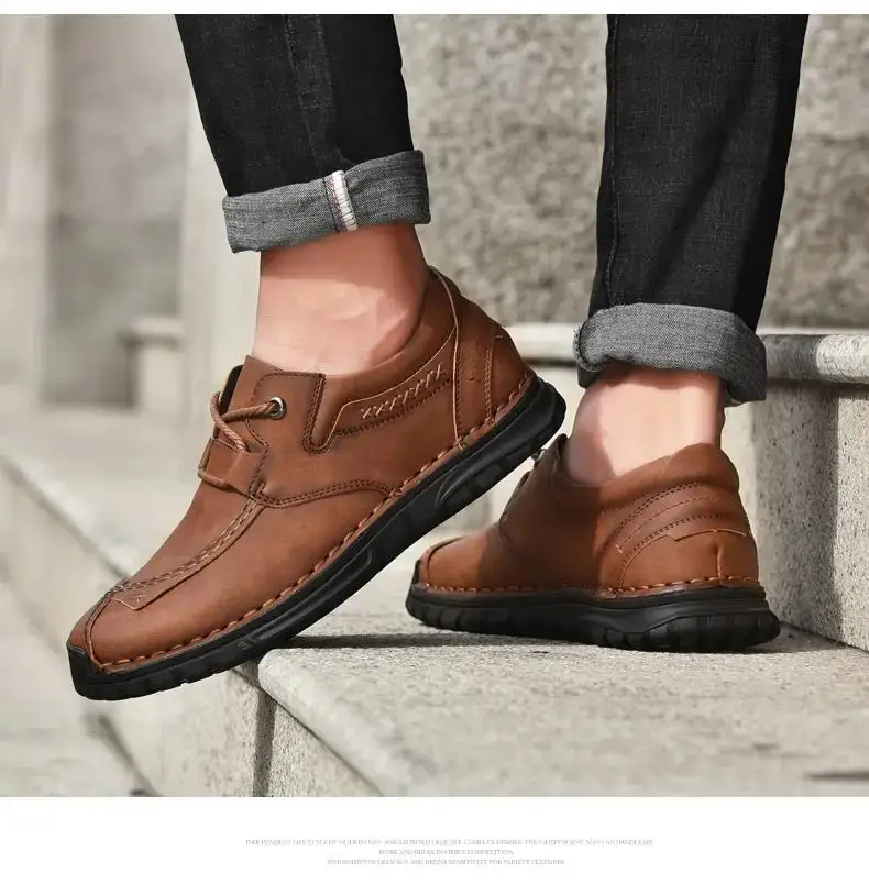 

Мужские повседневные кожаные туфли на мягкой нескользящей подошве, прошитые вручную, водонепроницаемые, устойчивые к плесени, повседневная рабочая обувь, большие размеры, весна-осень