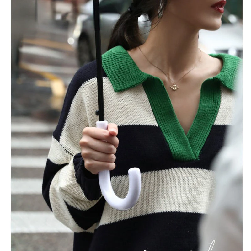 Полосатые вязаные пуловеры для женщин в стиле преппи, повседневная Корейская версия, свободный облегающий свитер с воротником-поло, весна-о... 
Полосатые вязаные пуловеры для женщин в стиле преппи, повседневная Корейская версия, свободный облегающий свитер с воротником-поло, весна-о...