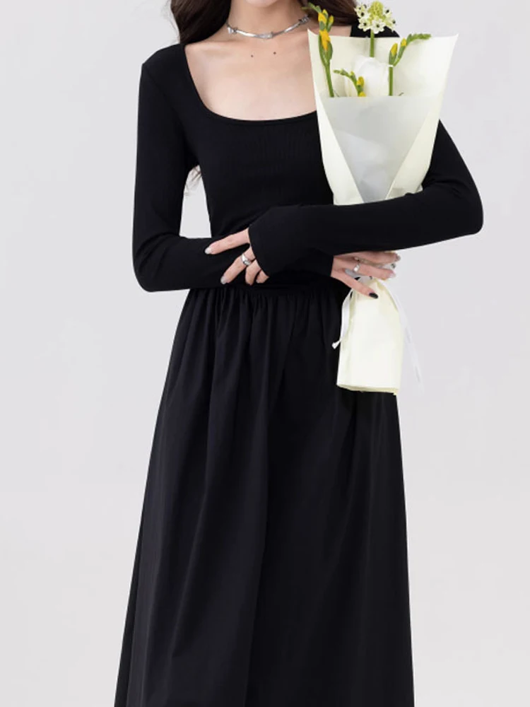 

Осеннее длинное платье, женское корейское модное плиссированное платье с квадратным вырезом, женское винтажное Элегантное повседневное приталенное платье трапециевидной формы с длинным рукавом