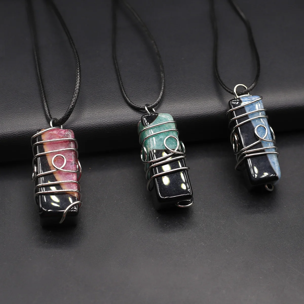 

Natural Stone Rectangular Shape Multicolor rough stone Agate Silver Plated Wire Wrapped Trendy Jewelry Pendant Gifts 20x45mm