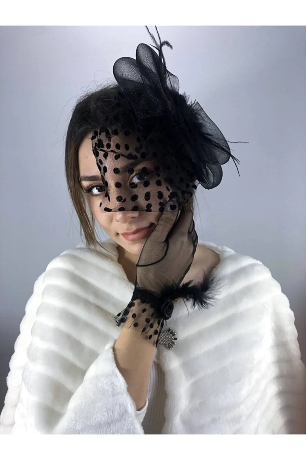 

Black Feathered Bridal Gloves And Polka Dot Vualet Set Lace Mesh Bridal Transparent Elegant Fishnet Silk Tulle Guipure