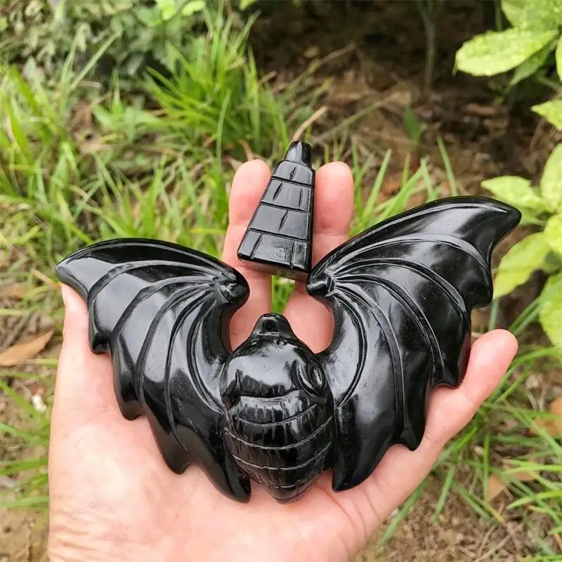

15CM Natural Black Obsidian Bat Balance Eagle Crystal Carving Crafts Healing Energy Stone Office Learning Toy Kid Toy Gift 1pcs