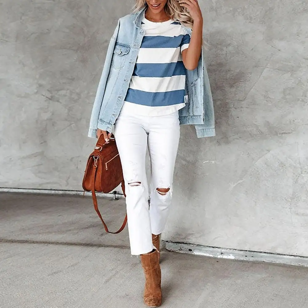 Skin-touching Stylish Striped Print Casual Loose Ladies Top Loose Women T-shirt Shrink Resistant Female Clothing
Skin-touching Stylish Striped Print Casual Loose Ladies Top Loose Women T-shirt Shrink Resistant Female Clothing