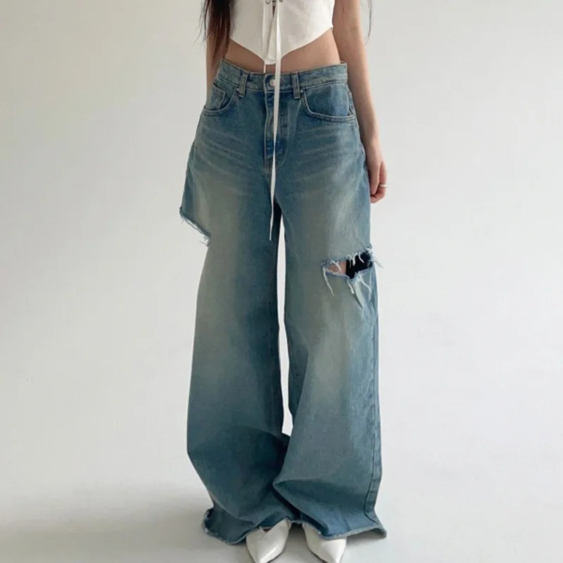 

American Style Ripped Baggy Mom Jeans Women 2023 Oversize Jeans Pants Y2k Streetwear Summer Hiphop Washed Distressed Retro Jeans
