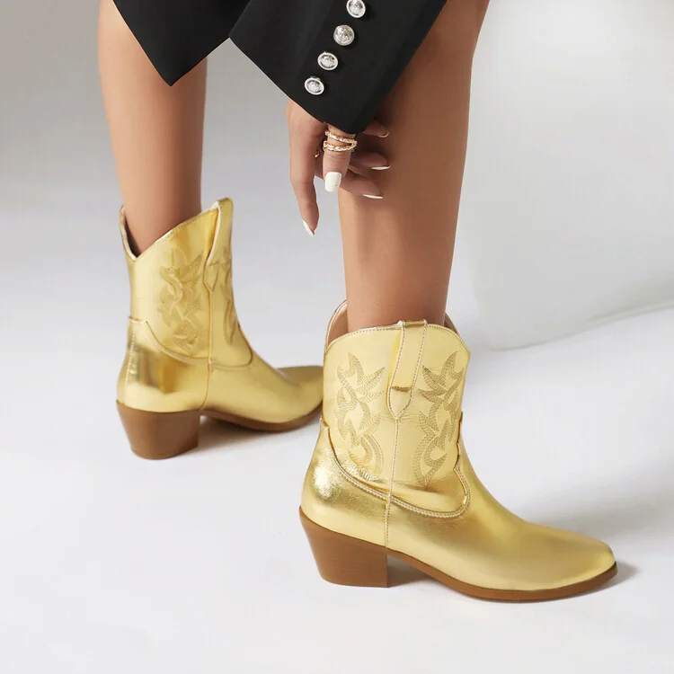 2023 Ankle Boots Women Embroider Western Cowboy Boots Chunky Heels Slip On Women's Shoes Fashion Gold Pink Short Booties
2023 Ankle Boots Women Embroider Western Cowboy Boots Chunky Heels Slip On Women's Shoes Fashion Gold Pink Short Booties