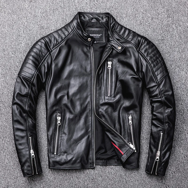 

Мужская мотоциклетная куртка из овчины Новой Зеландии, Черная байкерская куртка из мягкой натуральной кожи, тонкое пальто, одежда из овчины