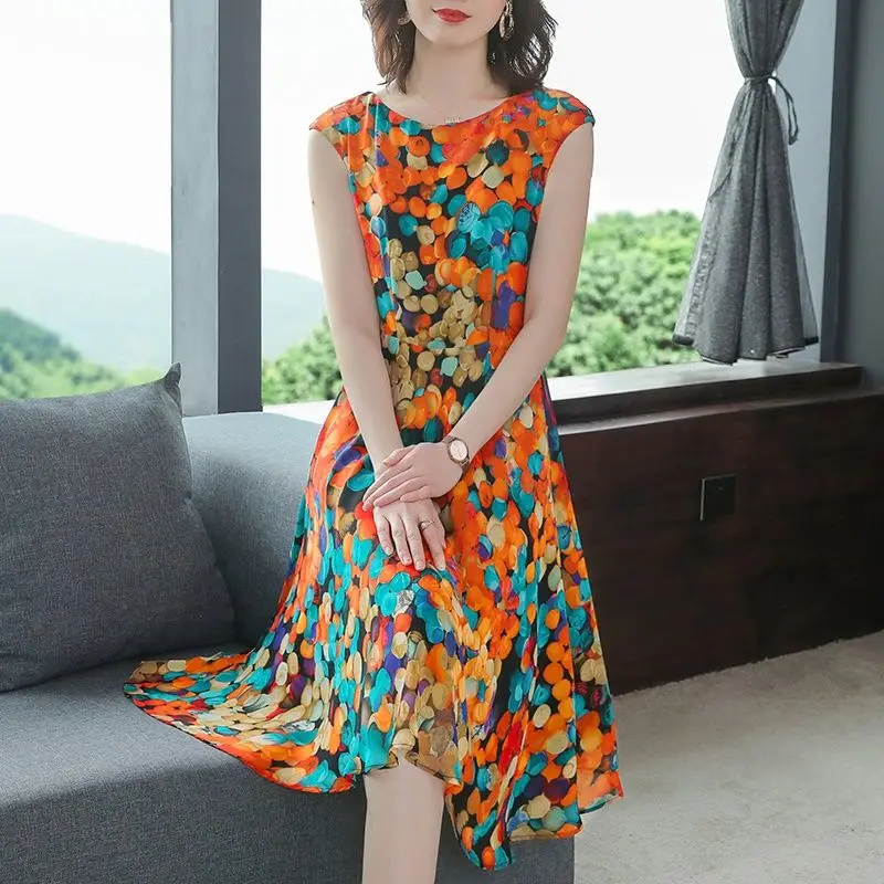 Women 2022 Summer Silk Casual Dress Female Elegant Print Clothes O Neck Floral Dresses Ladies Vintage Loose Midi Vestido K12
Women 2022 Summer Silk Casual Dress Female Elegant Print Clothes O Neck Floral Dresses Ladies Vintage Loose Midi Vestido K12