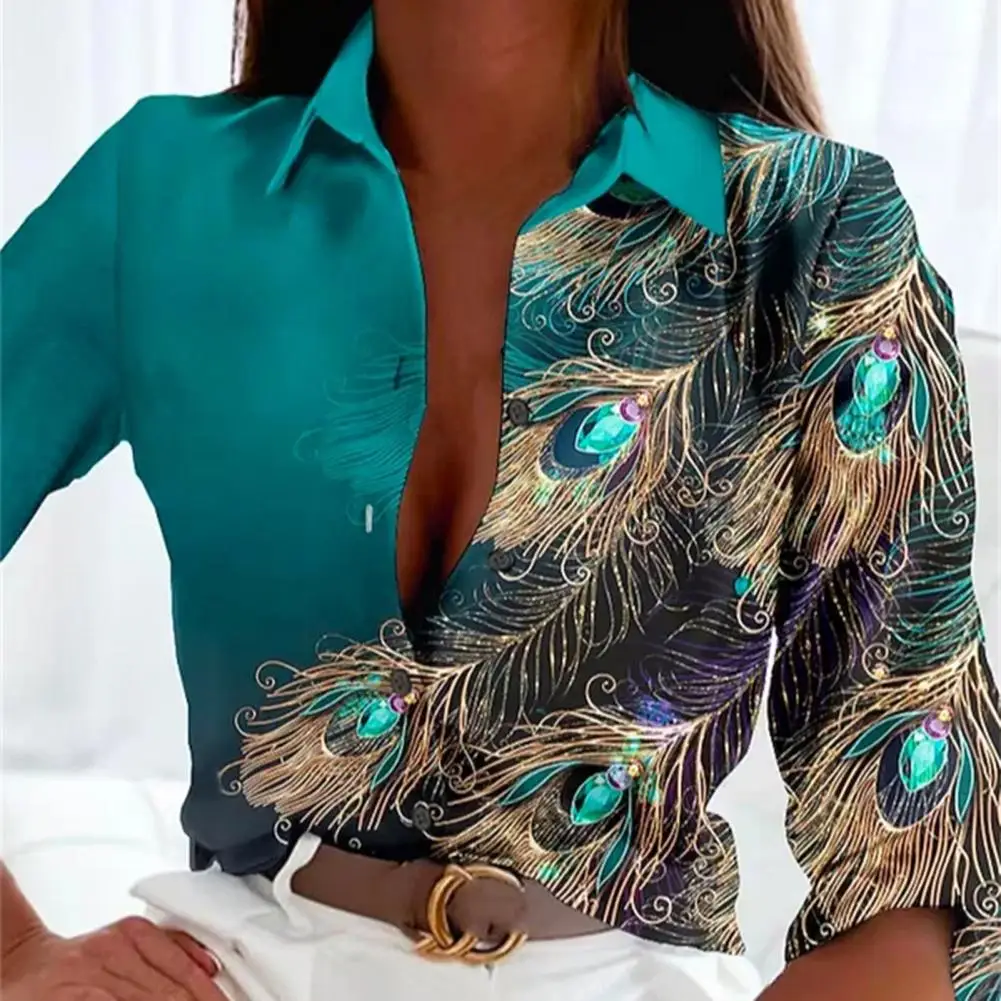 

Women Spring Autumn Shirt Tops Stylish Women's Lapel Shirt Feather Print Gemstone Embellished Single Breasted for Spring Autumn