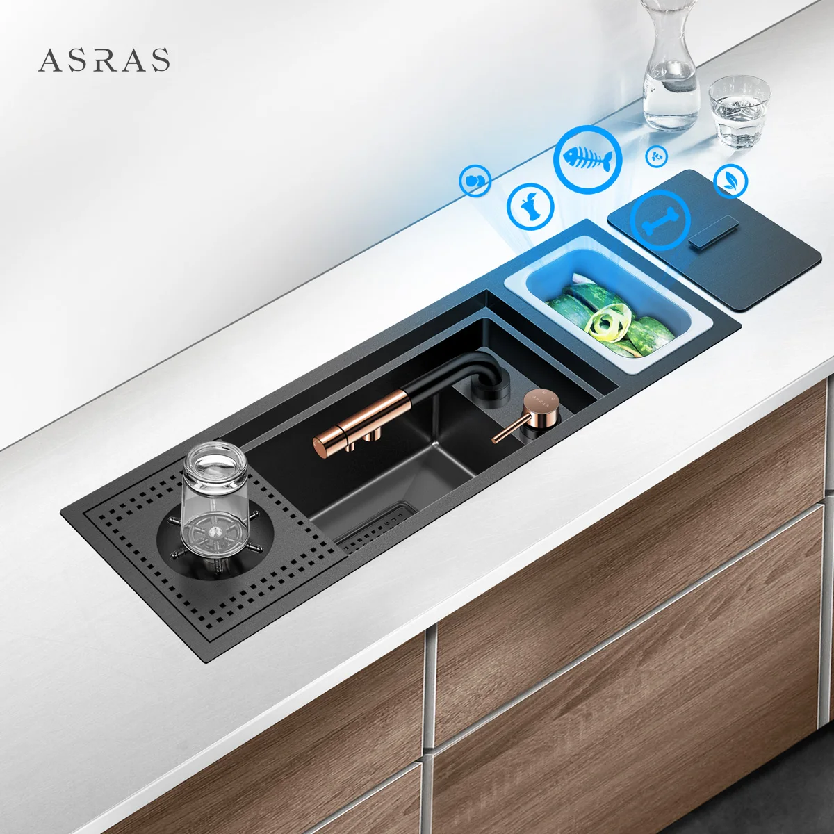 

ASRAS invisible sink black nano bar small single slot stainless steel dish washing basin middle island high pressure cup washer