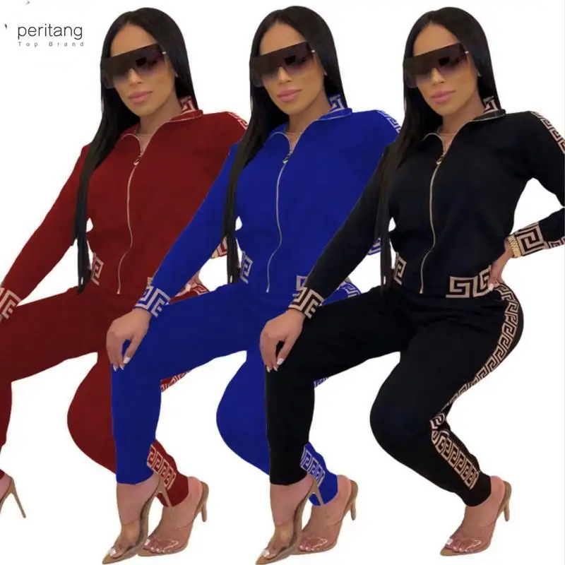 

2023 Tracksuits Women Elegant Two-Pieces Suit Sets Female Stylish Greek Fret Print Coat & Pant Zip Sets Joggers Women