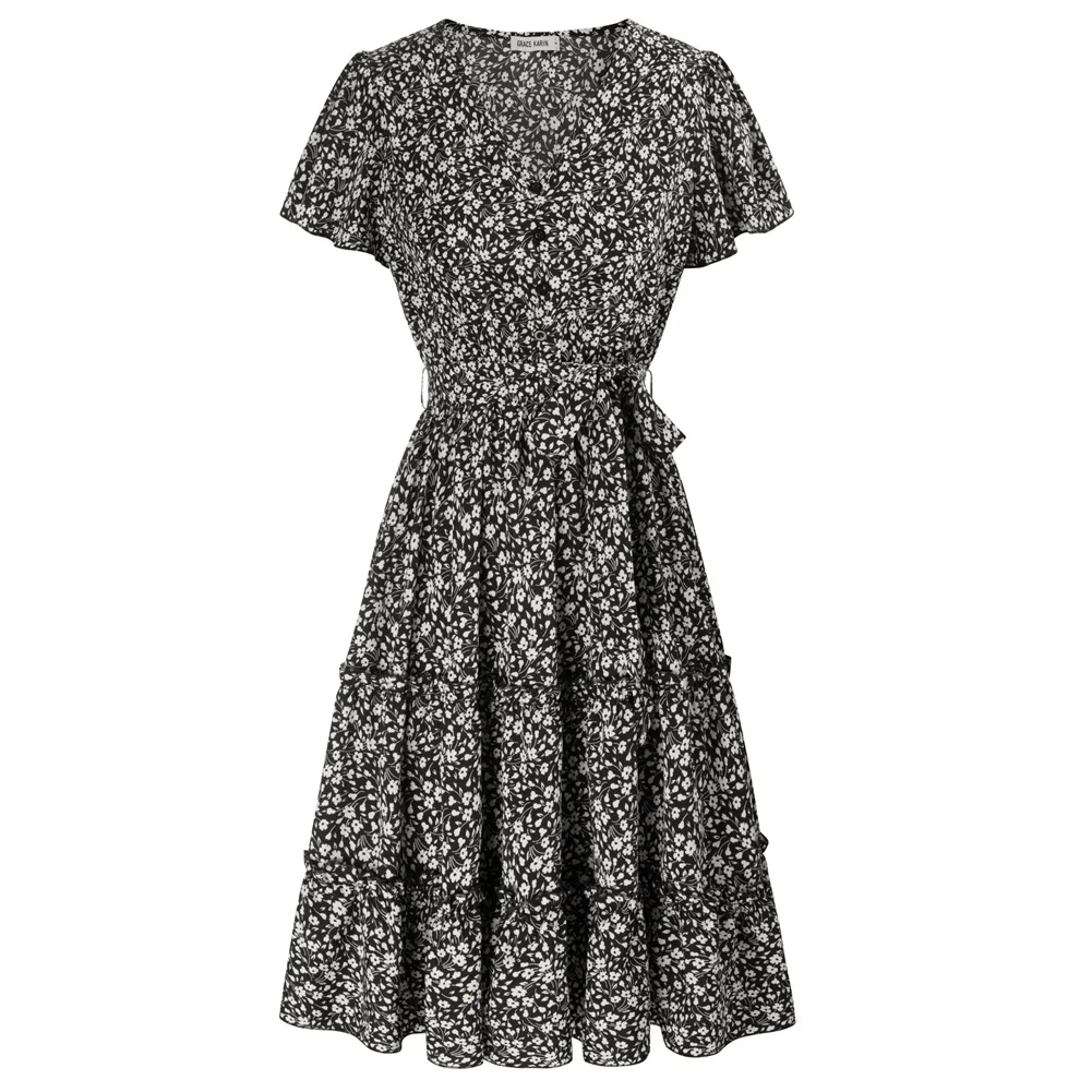 

GRACE KARIN Women's Floral Dresses Summer Ruffle Sleeves Button Down Swing Dress With Belt V-Neck Elastic Waist A-Line Dress A30