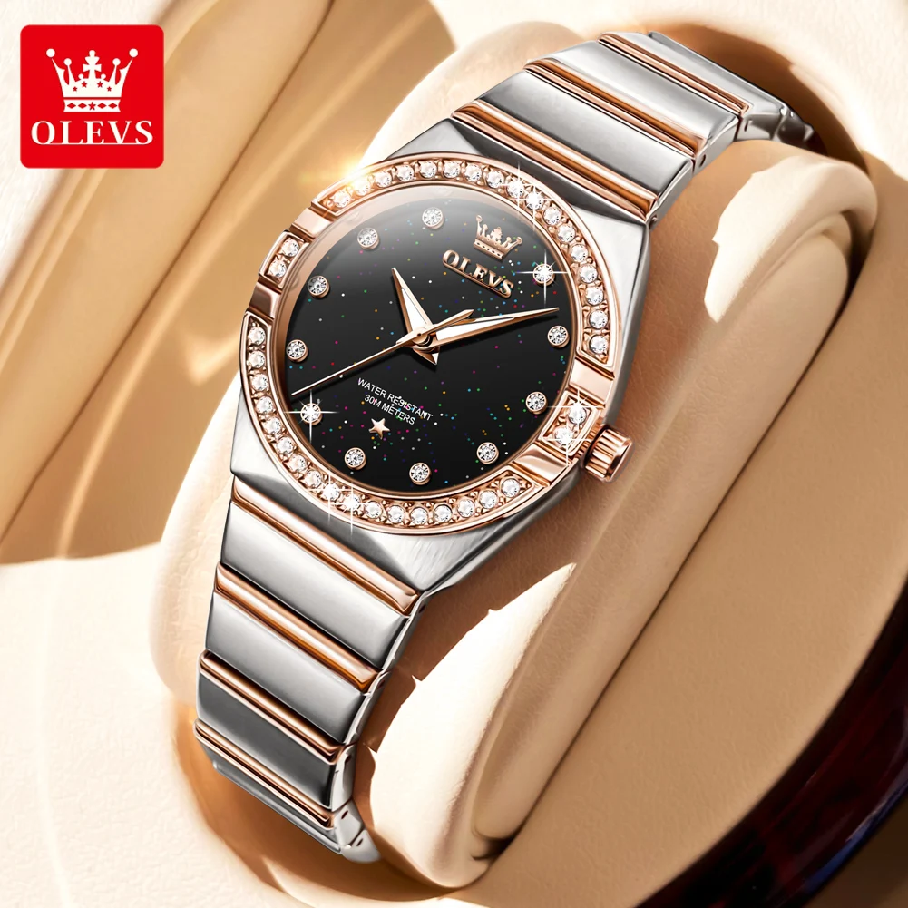 

OLEVS 9975 New Luxury Quartz Watch For Women Starry Diamond Dial Stainless Steel Ladies Hand Clock Waterproof Luminous Watches