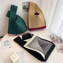 New Handmade Knit Handbag Women Mini Knot Wrist Bag Casual Color Plaid Tote Bag Student Reusable Shopping Bags